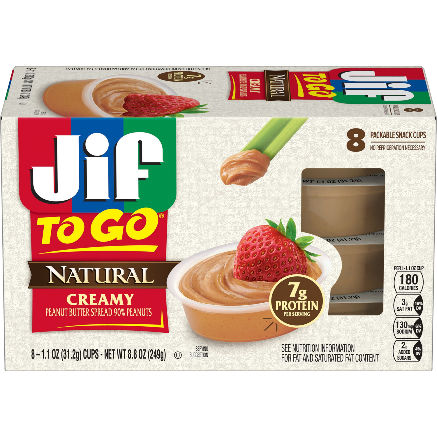 slide 1 of 7, Jif To Go Natural Peanut Butter Snack Cups, 8 ct / 1.1 oz
