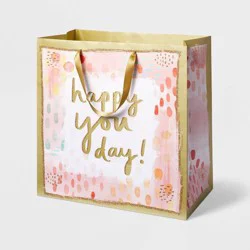 Large Happy You Day Watercolor Gift Bag - Spritz™: Multicolor Birthday Typography, 15"x15"x8"