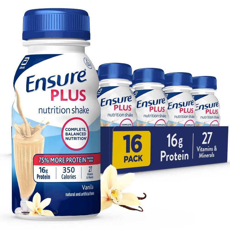 slide 1 of 9, Ensure Plus Nutrition Shake Vanilla Non-Caffeinated- 128 fl oz/16ct, 128 fl oz, 16 ct