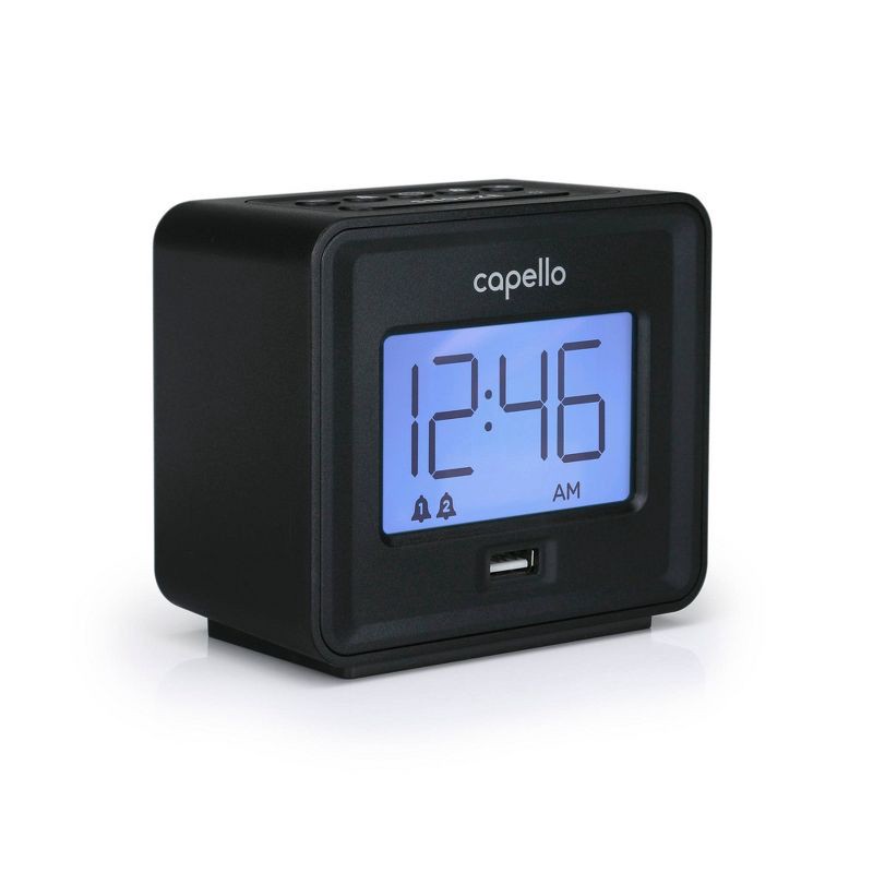 slide 1 of 3, Compact Digital Alarm Clock with USB Charger Black - Capello, 1 ct