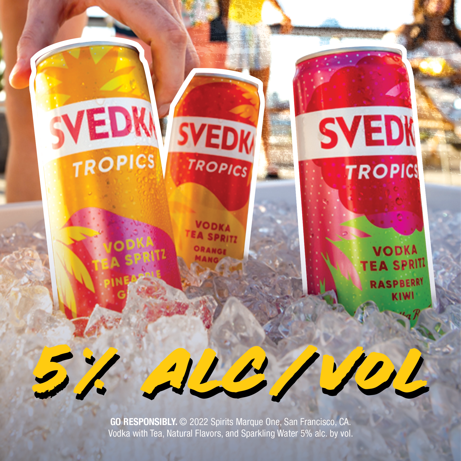 slide 5 of 8, SVEDKA Tropics Raspberry Kiwi Vodka Tea Spritz Canned Cocktail, 4 pk 355 mL Cans, 5% ABV, 48.02 fl oz