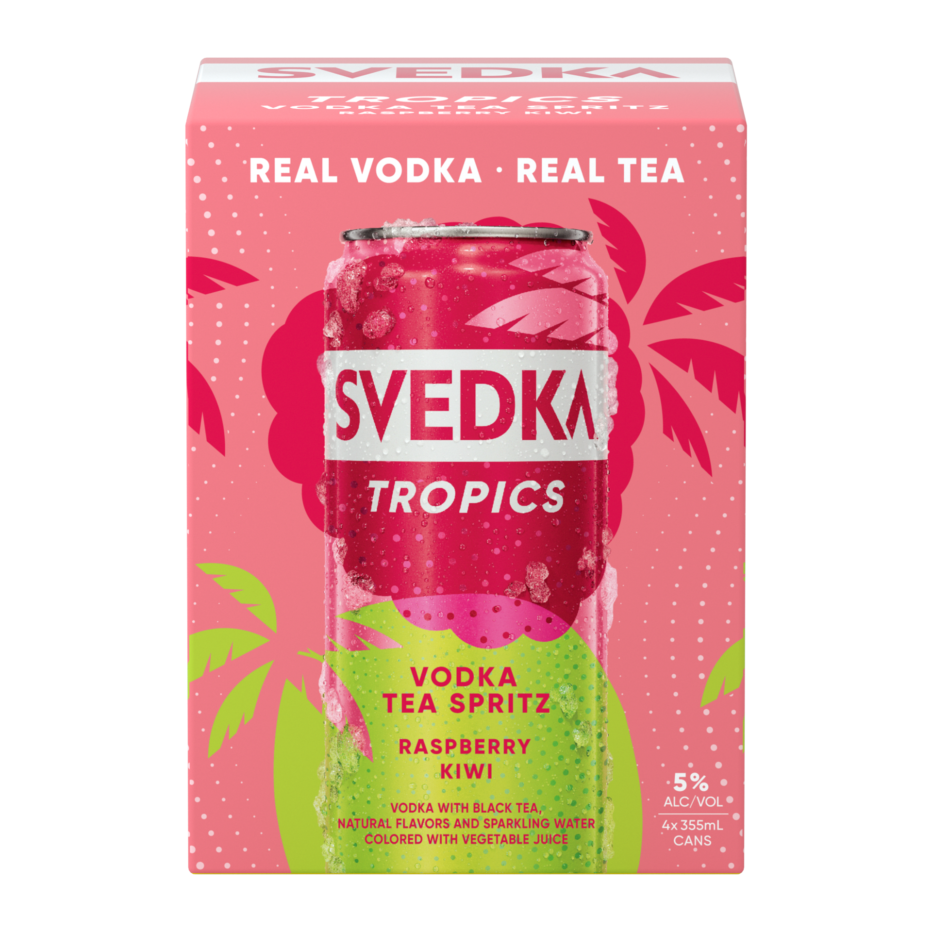 slide 1 of 8, SVEDKA Tropics Raspberry Kiwi Vodka Tea Spritz Canned Cocktail, 4 pk 355 mL Cans, 5% ABV, 48.02 fl oz