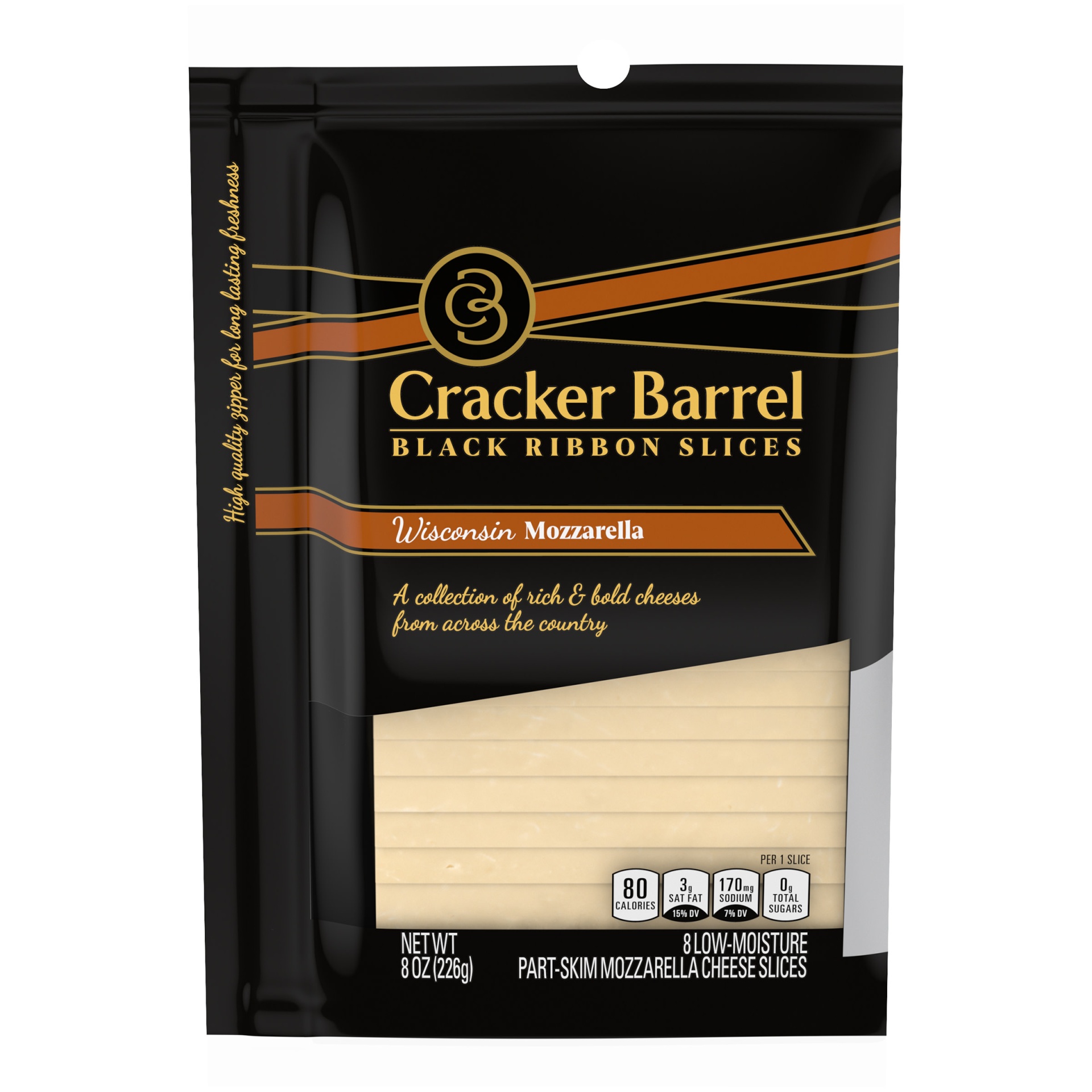 slide 1 of 2, Cracker Barrel Black Ribbon Slices Wisconsin Mozzarella Part-Skim Cheese Slices Pack, 8 oz