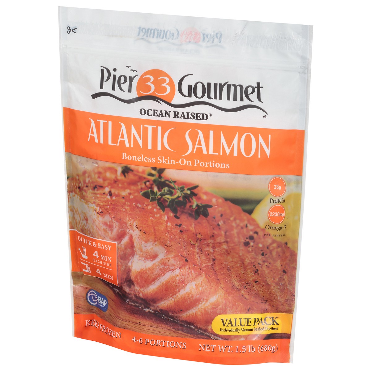 slide 10 of 12, Pier 33 Gourmet Ocean Raised Skin-On Portions Boneless Atlantic Salmon 1.5 lb, 1.5 lb