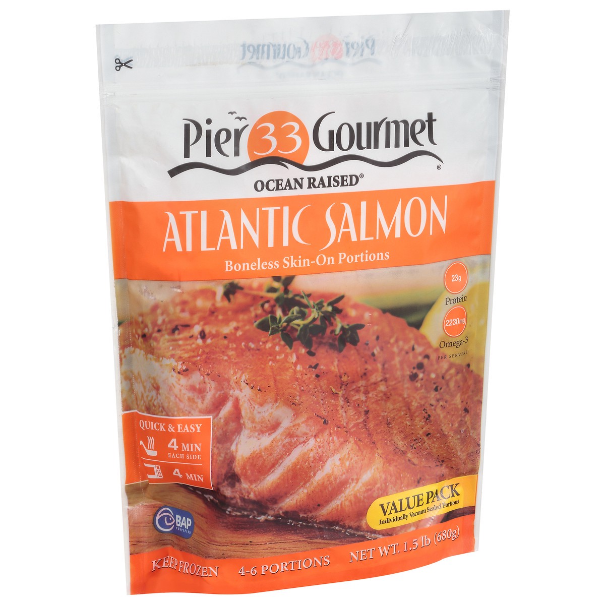 slide 3 of 12, Pier 33 Gourmet Ocean Raised Skin-On Portions Boneless Atlantic Salmon 1.5 lb, 1.5 lb