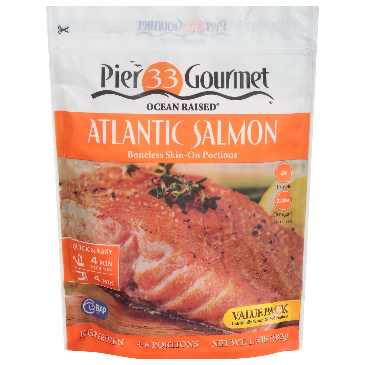 slide 1 of 12, Pier 33 Gourmet Ocean Raised Skin-On Portions Boneless Atlantic Salmon 1.5 lb, 1.5 lb