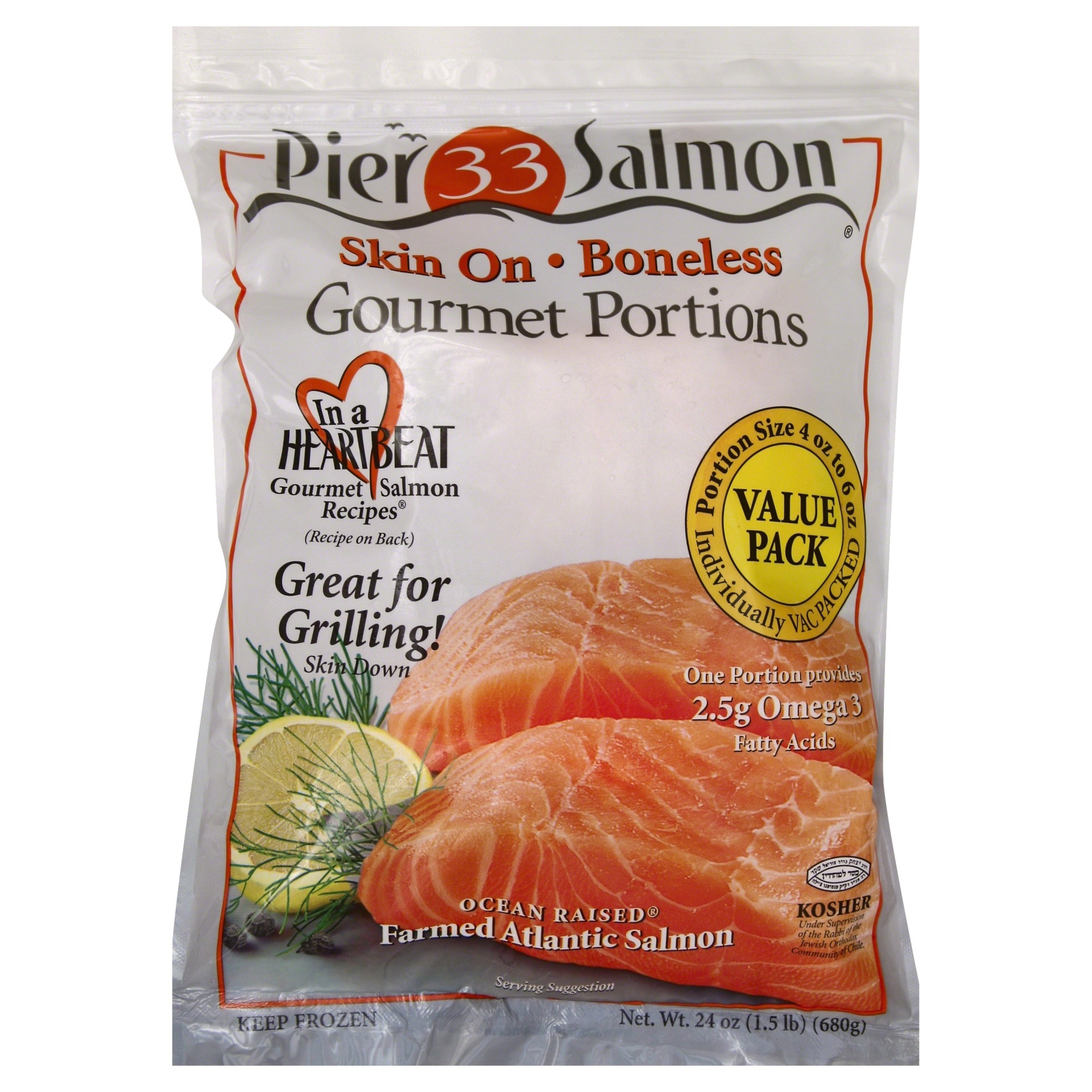 slide 1 of 1, Pier 33 Gourmet Salmon - Skin On, Boneless Gourmet Portions, 24 oz