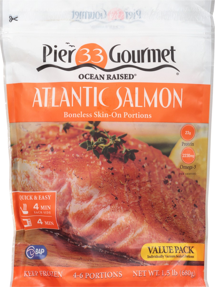 slide 1 of 12, Pier 33 Gourmet Ocean Raised Skin-On Portions Boneless Atlantic Salmon 1.5 lb, 1.5 lb