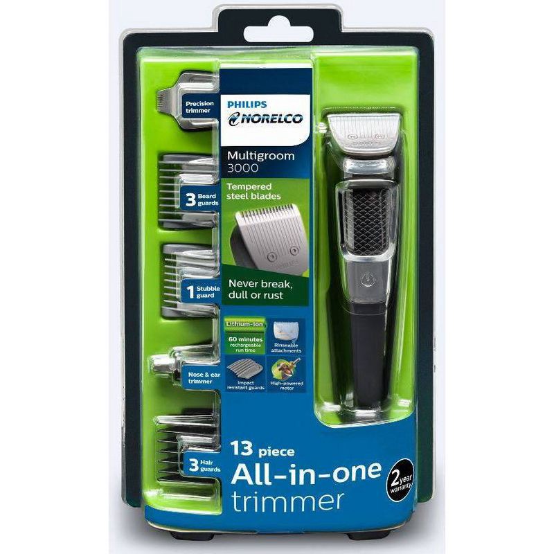 slide 5 of 10, Philips Norelco Series 3000 Multigroom All-in-One Men's Rechargeable Electric Trimmer with 13 attachments - MG3750/60, 1 ct