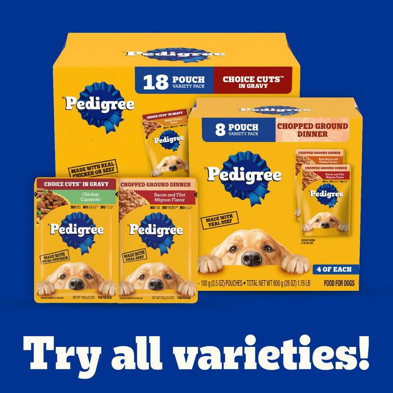 slide 13 of 13, Pedigree Chopped Ground Dinner Chicken, Cheese, Beef and Bacon Flavor Pouch Variety Pack Wet Dog Food - 3.5oz/18ct, 18 ct; 3.5 oz