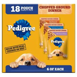 Pedigree Chopped Ground Dinner Chicken, Cheese, Beef and Bacon Flavor Pouch Variety Pack Wet Dog Food - 3.5oz/18ct
