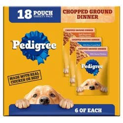 Pedigree Chopped Ground Dinner Chicken, Cheese, Beef and Bacon Flavor Pouch Variety Pack Wet Dog Food - 3.5oz/18ct