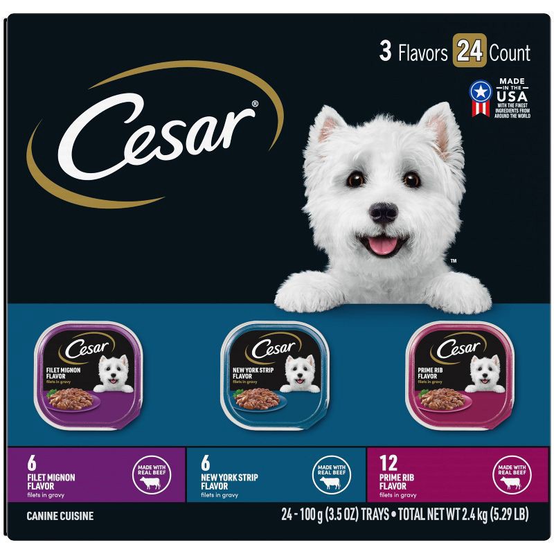 slide 1 of 10, Cesar Filets in Gravy Filet Mignon, New York Strip and Prime Rib Adult Wet Dog Food with Chicken & Beef Flavor - 5.29lbs/24ct, 5.29 lb, 24 ct