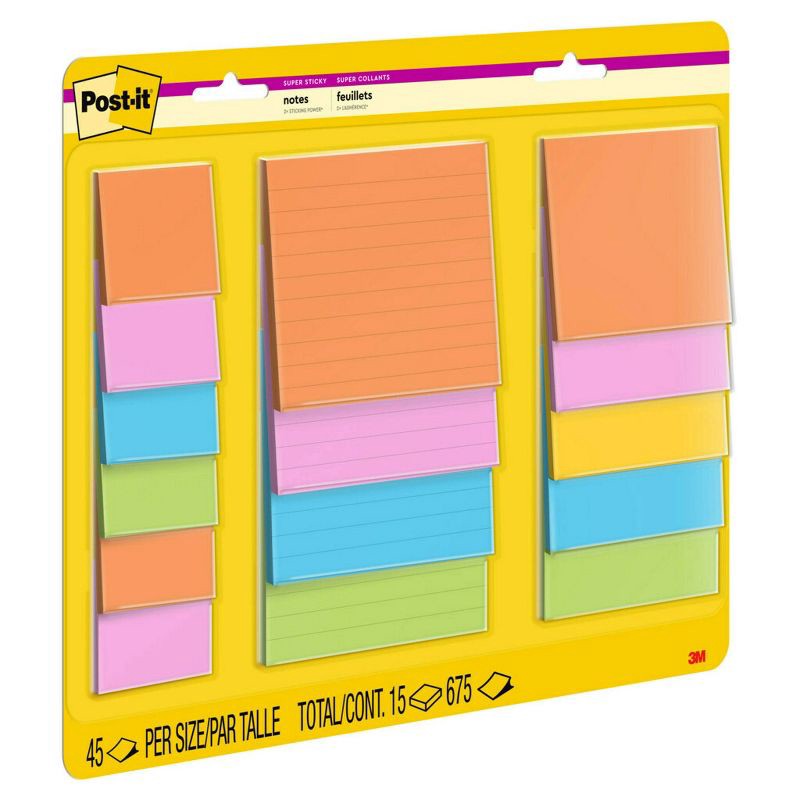 slide 20 of 20, Post-it 15ct Super Sticky Notes Pack Energy Boost Collection: Multicolor, 45 Sheets, College Rule, Art & Design Theme, 15 ct