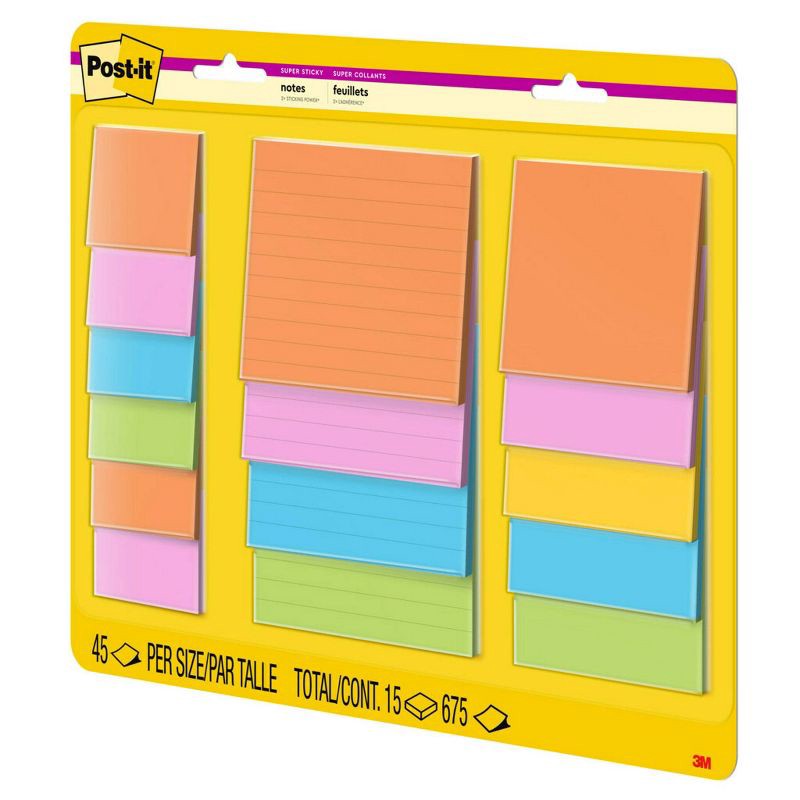 slide 8 of 20, Post-it 15ct Super Sticky Notes Pack Energy Boost Collection: Multicolor, 45 Sheets, College Rule, Art & Design Theme, 15 ct