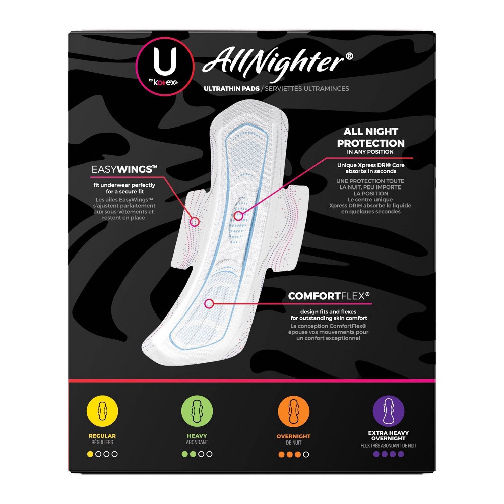 slide 8 of 10, U by Kotex AllNighter Ultra Thin Overnight Fragrance Free Pads with Wings - 36ct, 36 ct