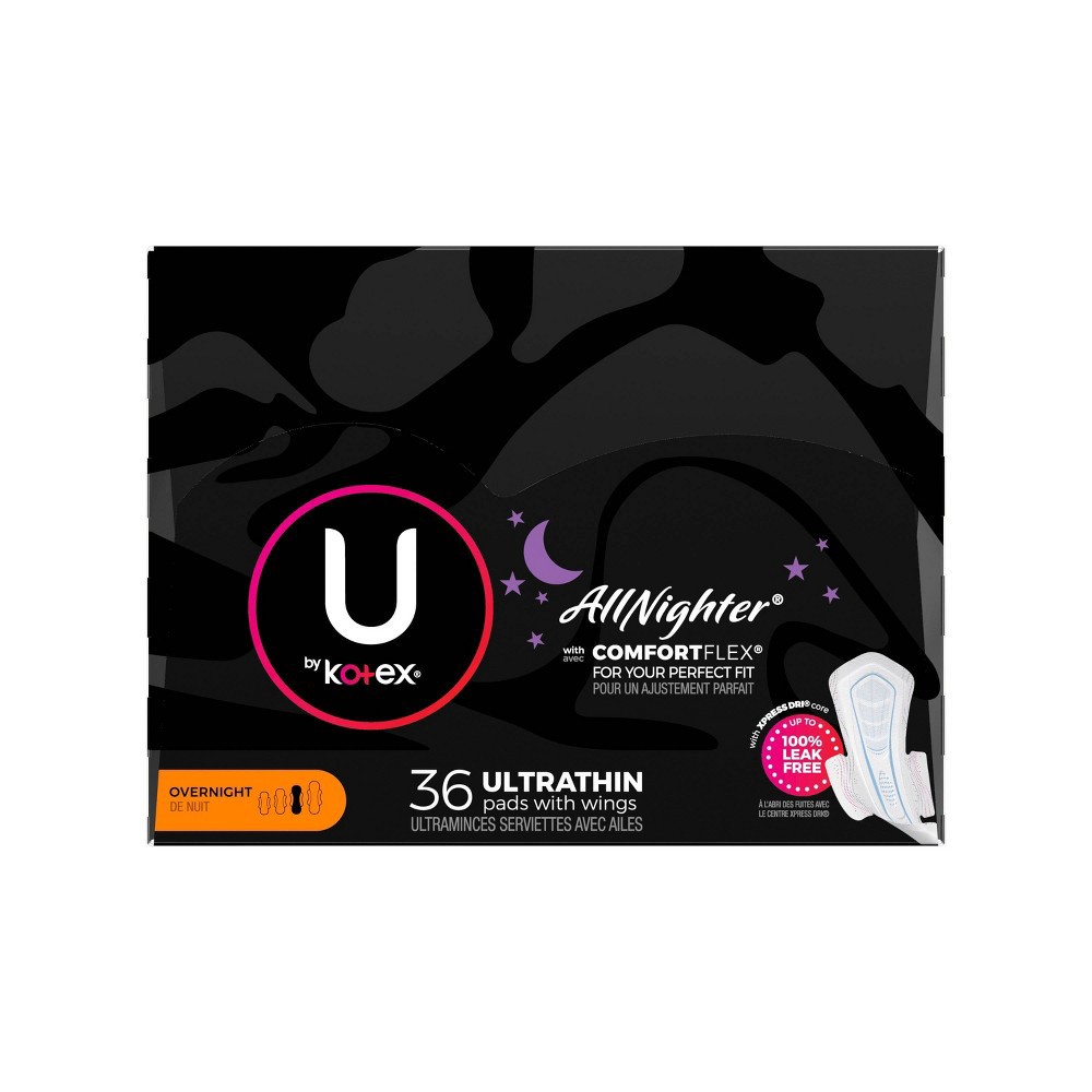 slide 9 of 10, U by Kotex AllNighter Ultra Thin Overnight Fragrance Free Pads with Wings - 36ct, 36 ct