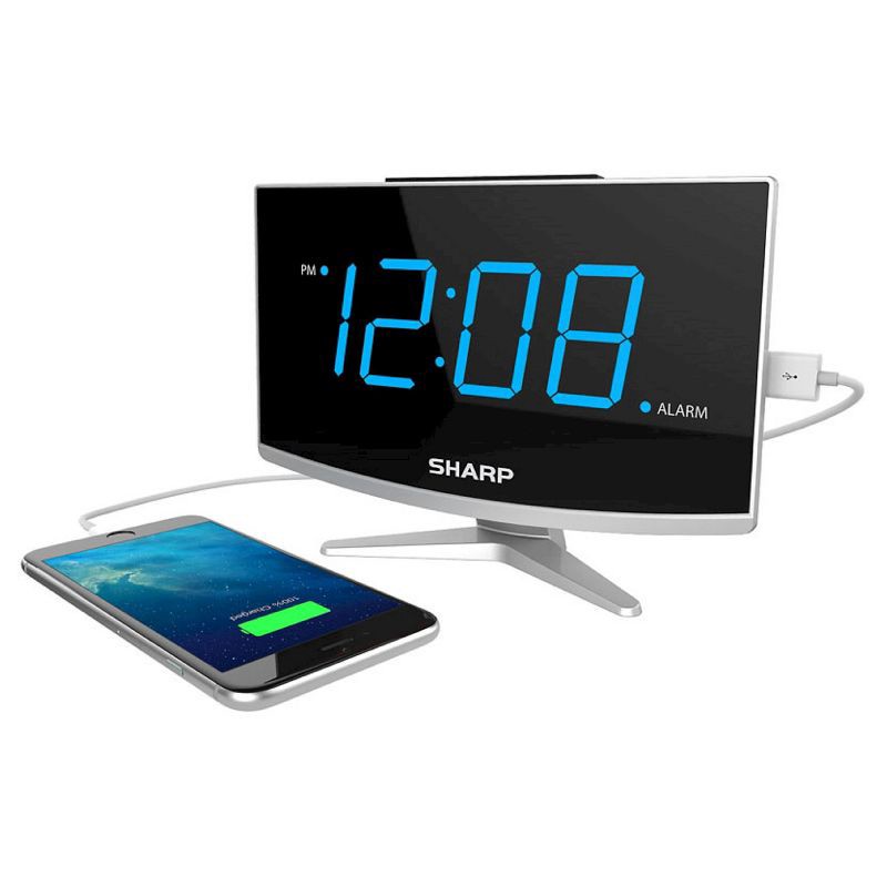 slide 2 of 5, Jumbo LED Curved Display Alarm Clock - Sharp: USB Charging Port, High/Low Brightness & Volume Controls, 1 ct