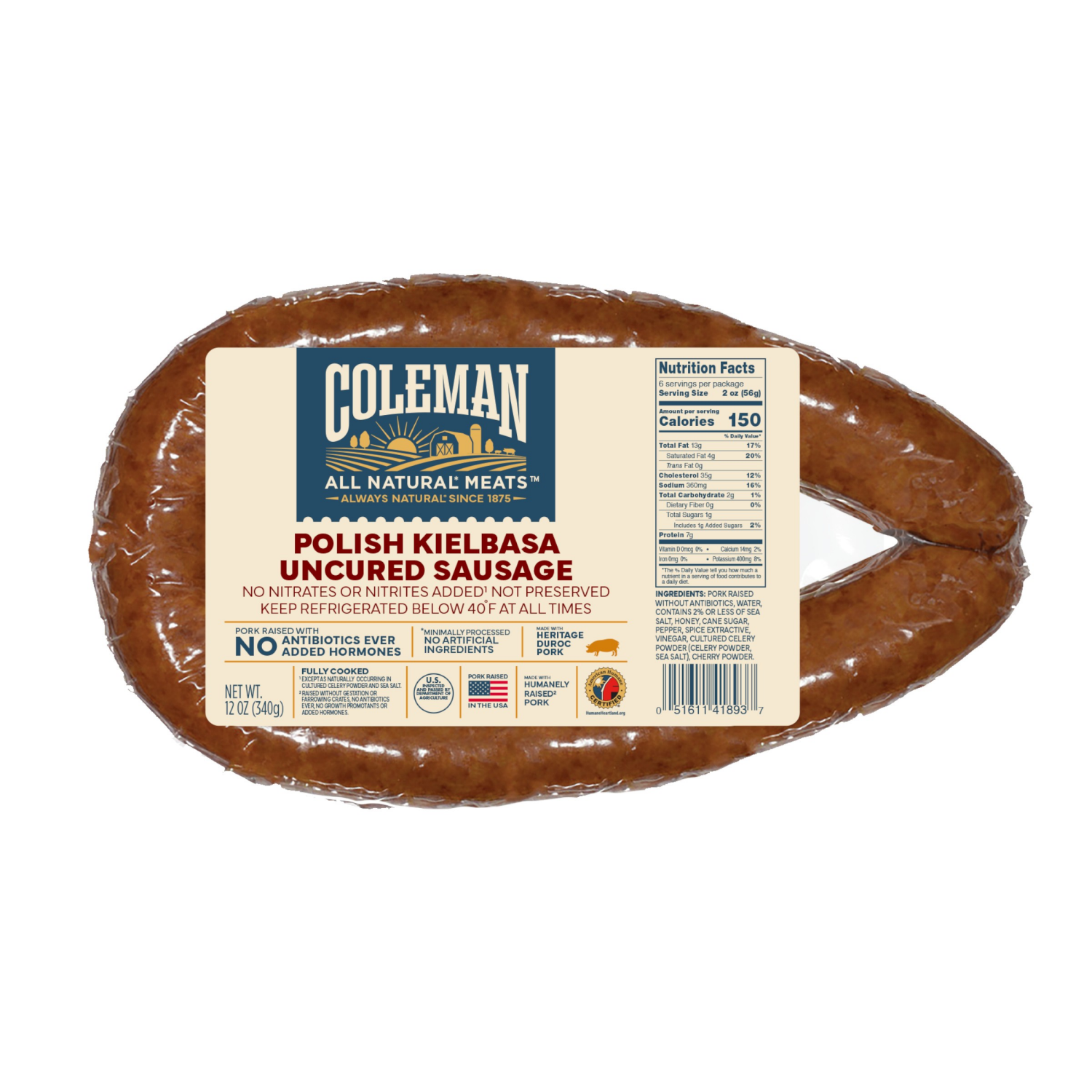 slide 1 of 2, Coleman Natural Polish Kielbasa Pork Sausage, 12 oz