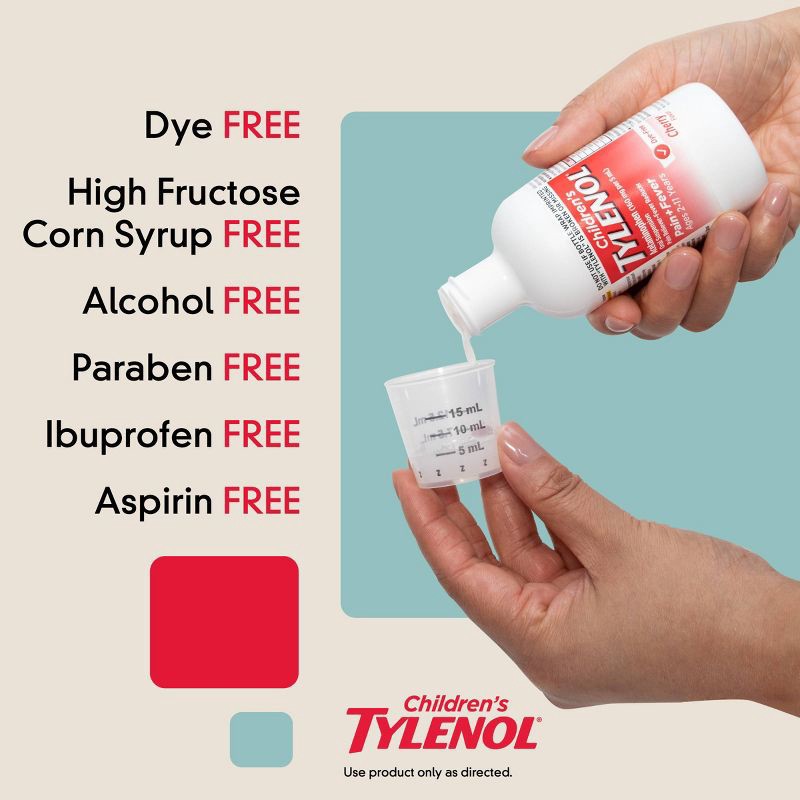 slide 4 of 11, Children's Tylenol Dye-Free Pain + Fever Relief Liquid - Acetaminophen - Cherry - 4 fl oz, 4 fl oz