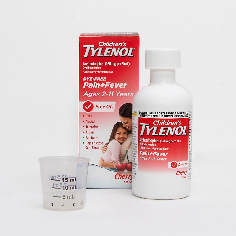 slide 9 of 11, Children's Tylenol Dye-Free Pain + Fever Relief Liquid - Acetaminophen - Cherry - 4 fl oz, 4 fl oz