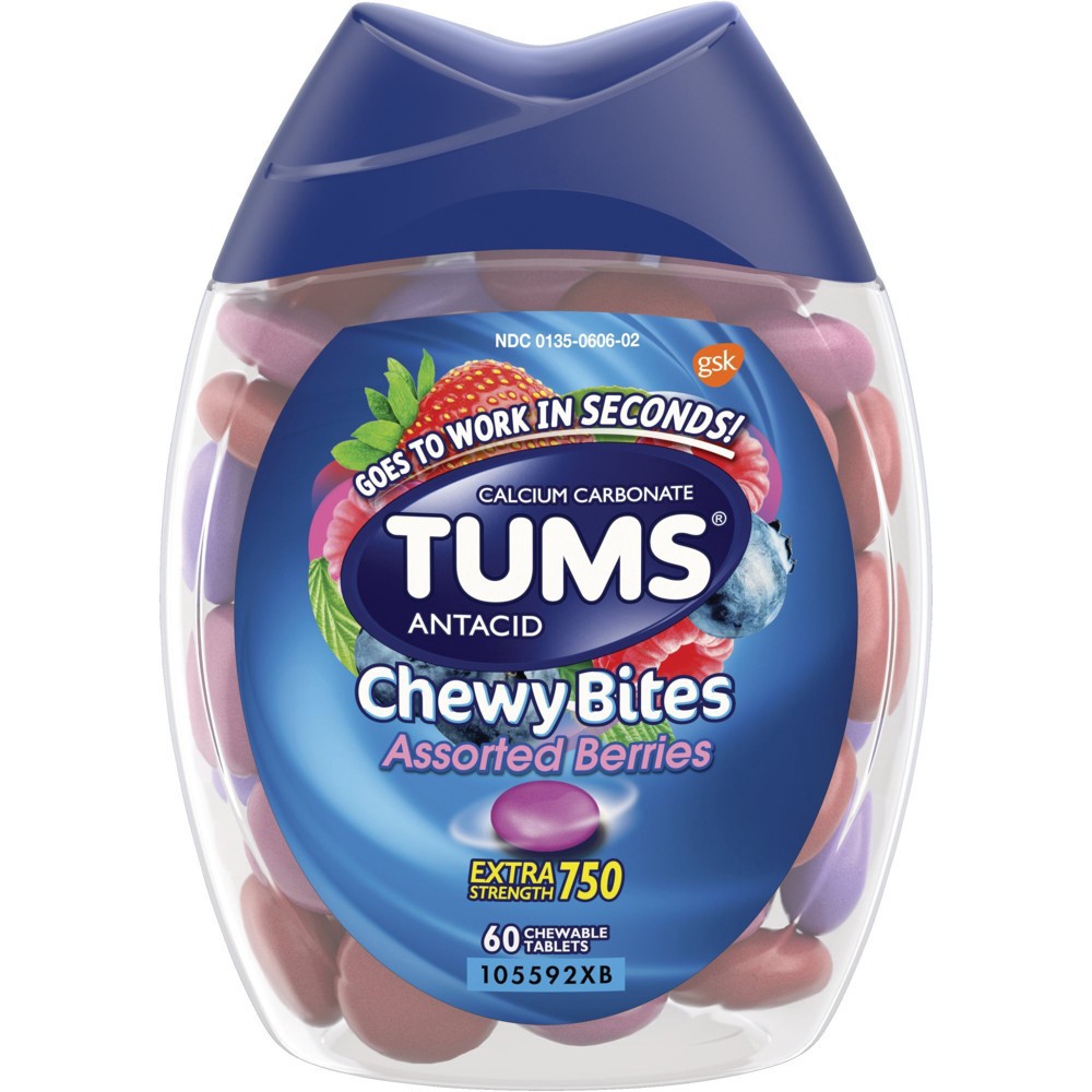 slide 7 of 7, Tums Chewy Bites Assorted Berries Extra Strength 750 Antacid Chewable Tablets 60 ea, 60 ct