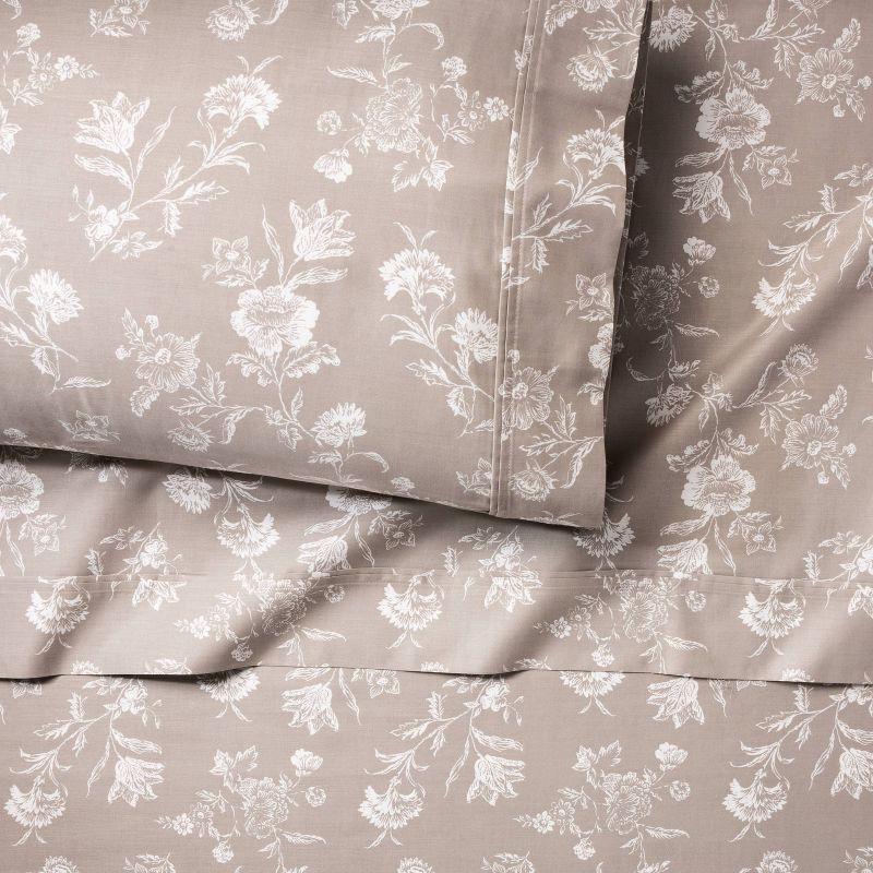 slide 2 of 4, Queen Printed Performance 400 Thread Count Sheet Set Khaki Floral - Threshold™: Cotton Sateen, OEKO-TEX Certified, 4-Piece Set, 1 ct