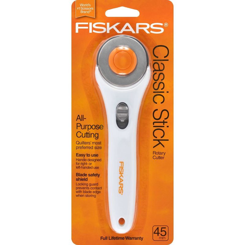 slide 1 of 4, Fiskars Classic Stick Rotary Cutter (45 mm): Titanium Craft Tool, Manual, 9" Length, 3.75" Width, White Handle, 1 ct