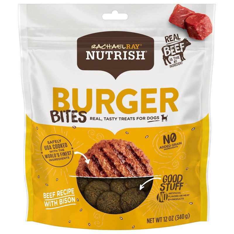 slide 1 of 5, Rachael Ray Nutrish Burger Bites Chewy Dog Treats Beef Burger with Bison Recipe 12oz, 12 oz