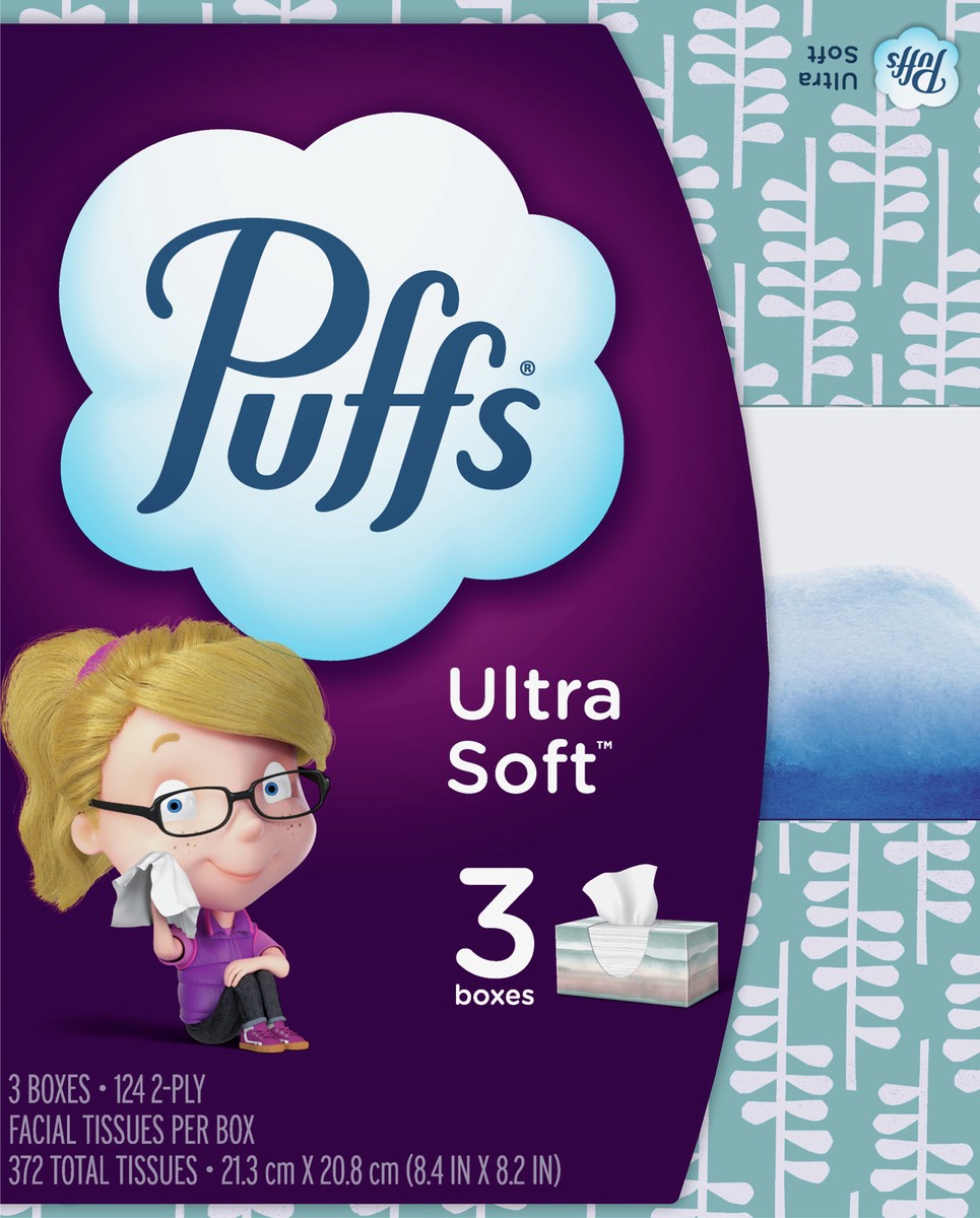 slide 5 of 5, Puffs Ultra Soft White Facial Tissues, 3 pk; 124 ct