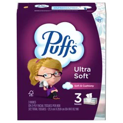 Puffs Ultra Soft Facial Tissues, 3 Family Size Boxes, 124 Facial Tissues Per Box