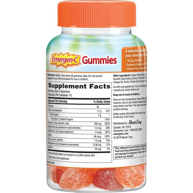 slide 9 of 9, Emergen-C Vitamin C Immune Support Gummies - Orange, Tangerine & Raspberry - 45ct, 45 ct