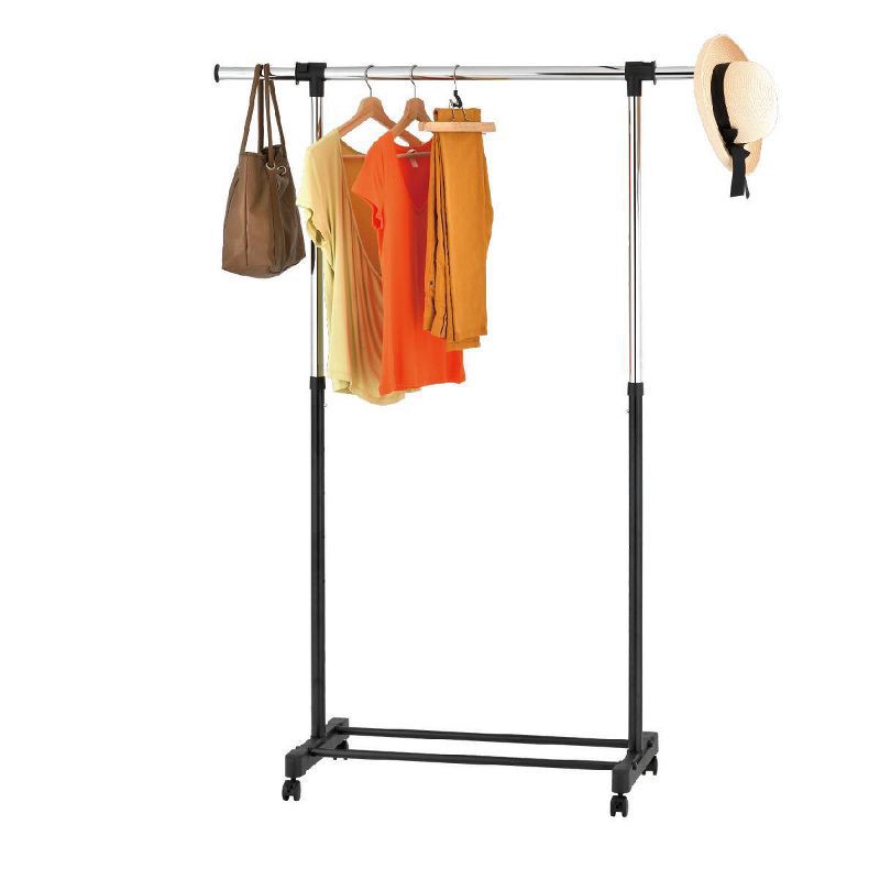 slide 2 of 4, Adjustable Single Rod Garment Rack Black - Room Essentials™: Steel Frame, Fixed Hanging, 22lb Capacity, 64" Height, 22 lb