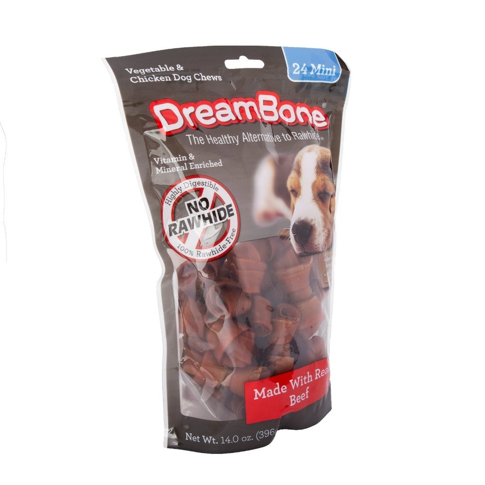 slide 4 of 4, DreamBone Rawhide Free Mini Bones Made with Real Beef Vegetable and Chicken Dog Treats, 24 ct