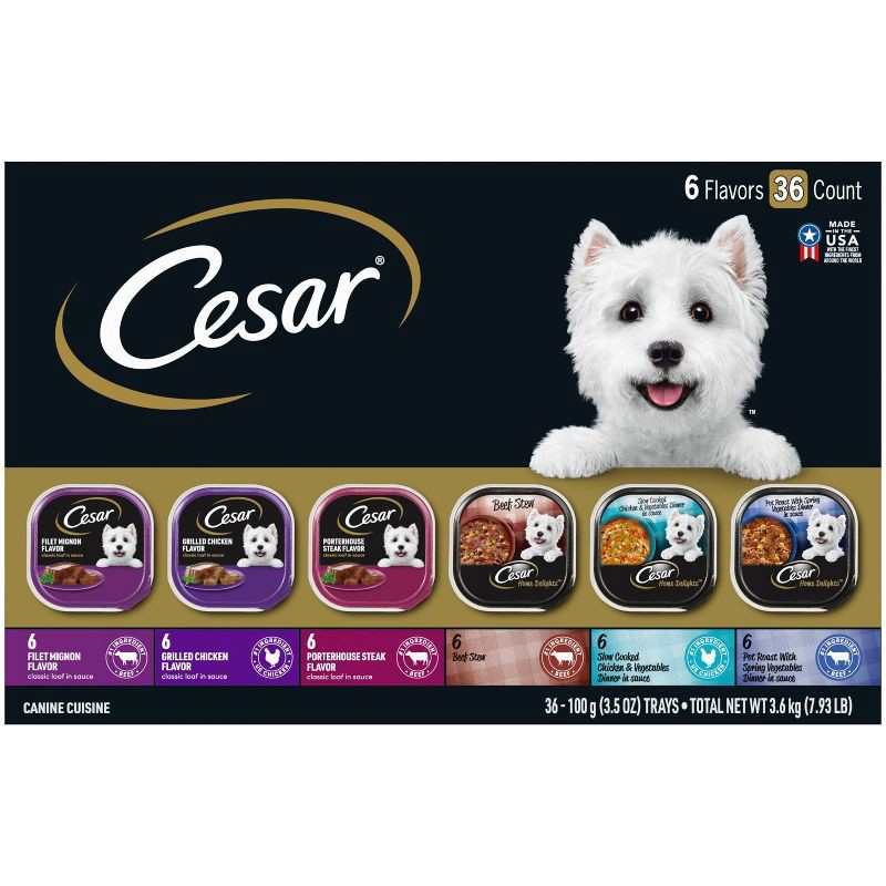 slide 1 of 10, Cesar Classic Loaf In Sauce & Home Delights with Beef, Chicken and Vegetable Adult Wet Dog Food - 3.5oz/36ct Variety Pack, 3.5 oz, 36 ct