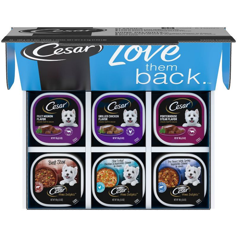 slide 1 of 12, Cesar Classic Loaf in Sauce Beef, Chicken and Steak Flavor Variety Pack Small Breed Wet Dog Food - 3.5oz/36ct, 3.5 oz, 36 ct