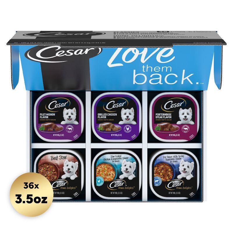 slide 11 of 12, Cesar Classic Loaf in Sauce Beef, Chicken and Steak Flavor Variety Pack Small Breed Wet Dog Food - 3.5oz/36ct, 3.5 oz, 36 ct