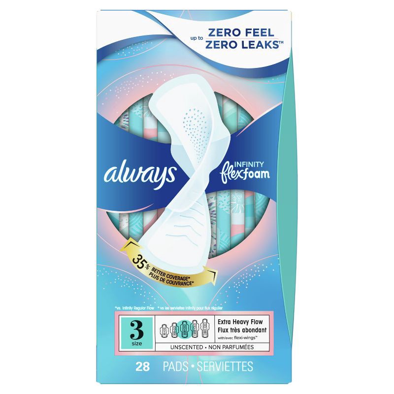 slide 12 of 13, Always Infinity FlexFoam Pads for Women - Extra Heavy Absorbency - Unscented - Size 3 - 28ct, 3 x 28 ct