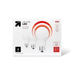 LED 40W 3pk Light Bulbs Soft White - up&up™: 40 Watt Equivalent, A19, E26 Base, 450 Lumens, 3000K, 10-Year Life