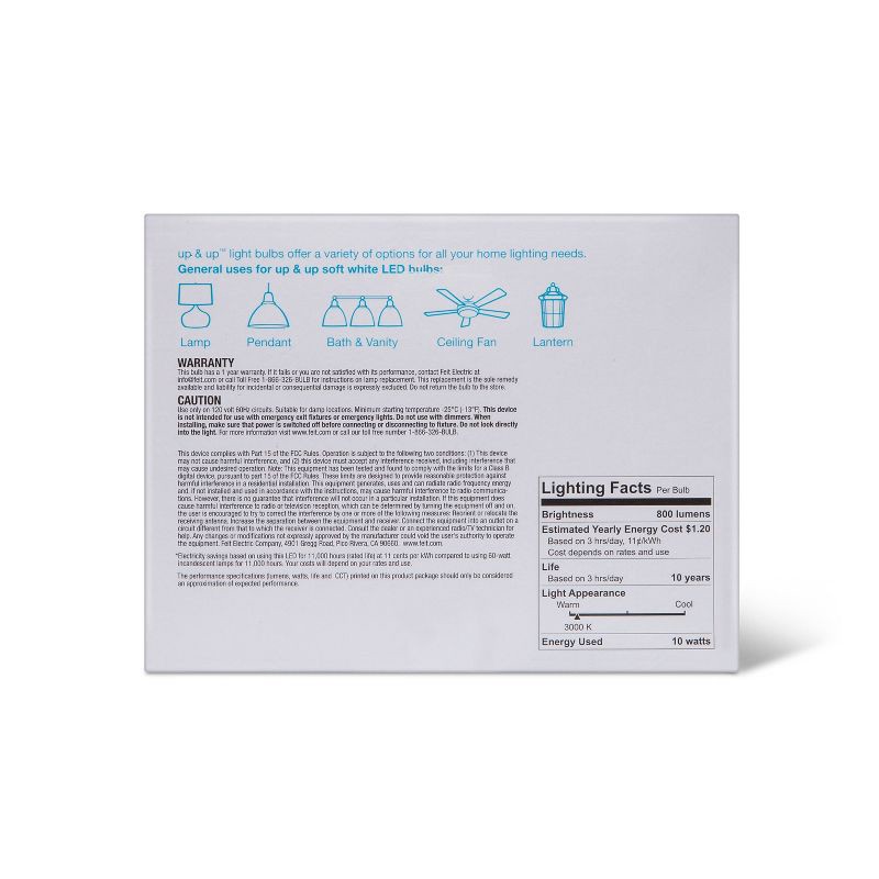 slide 2 of 3, LED 60W 3pk Light Bulbs Soft White - up&up™: 800 Lumens, Enclosed Fixture Suitable, 10-Year Life, E26 Base, 3 ct