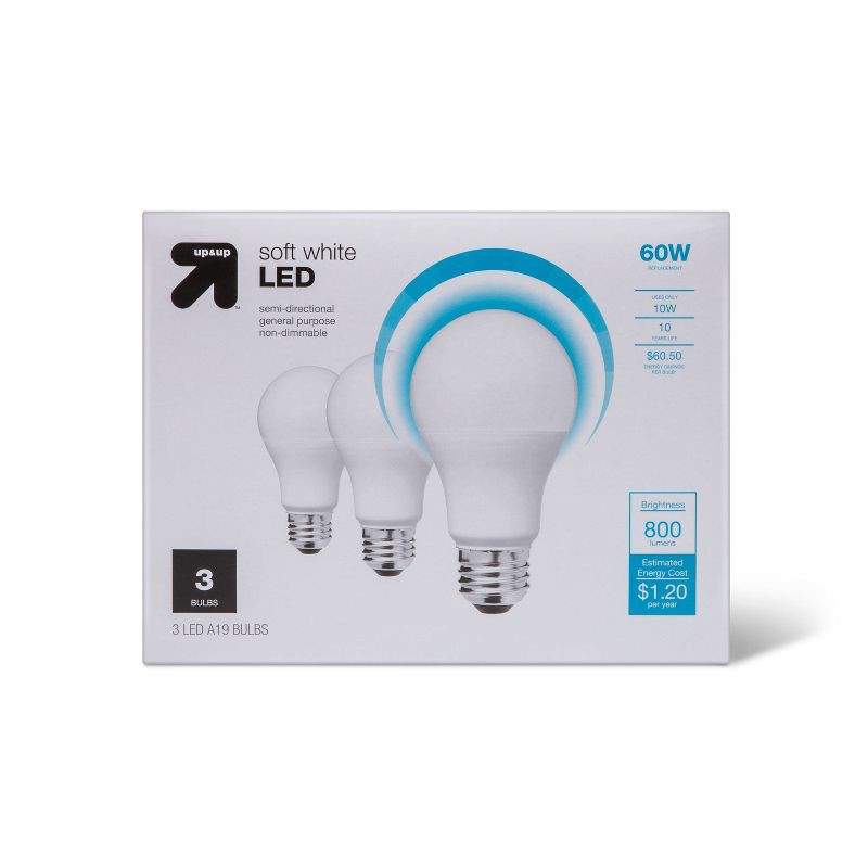 slide 1 of 3, LED 60W 3pk Light Bulbs Soft White - up&up™: 800 Lumens, Enclosed Fixture Suitable, 10-Year Life, E26 Base, 3 ct