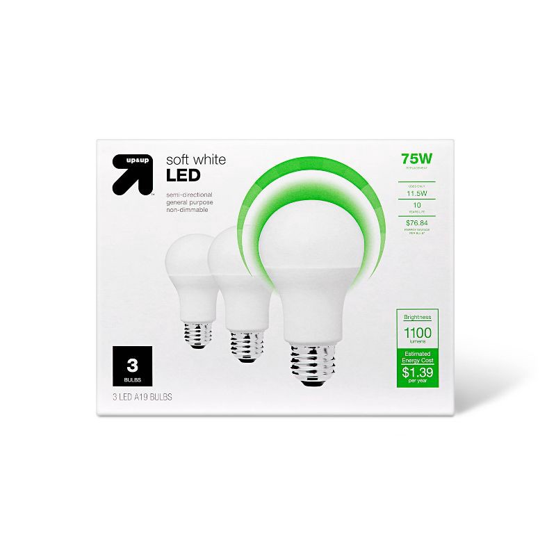 slide 1 of 3, LED 75W 3pk Light Bulbs Soft White - up&up™: 3000K, 1100 Lumens, A19, E26 Base, 10-Year Life, 3 ct