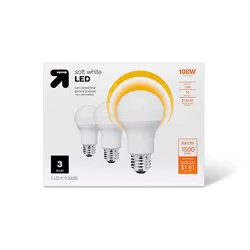 LED 100W 3pk Light Bulbs Soft White - up&up™: 1500 Lumens, 3000K, A19, E26 Base, 10-Year Life, 15W Energy Use