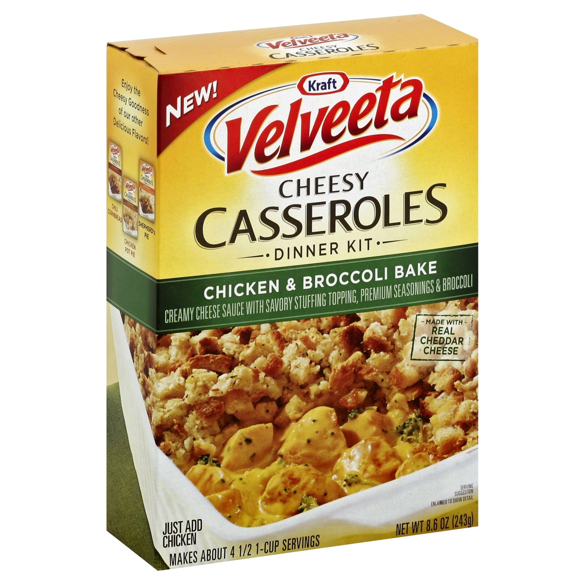 slide 1 of 8, Velveeta Cheesy Casseroles Chicken & Broccoli Bake Dinner Kit, 8.6 oz