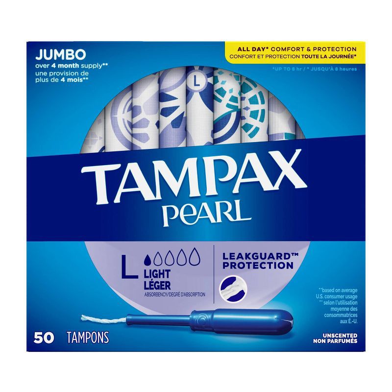 slide 4 of 8, Tampax Pearl Light Absorbency Plastic Applicator and LeakGuard Braid Tampons - Unscented - 50ct, 50 ct