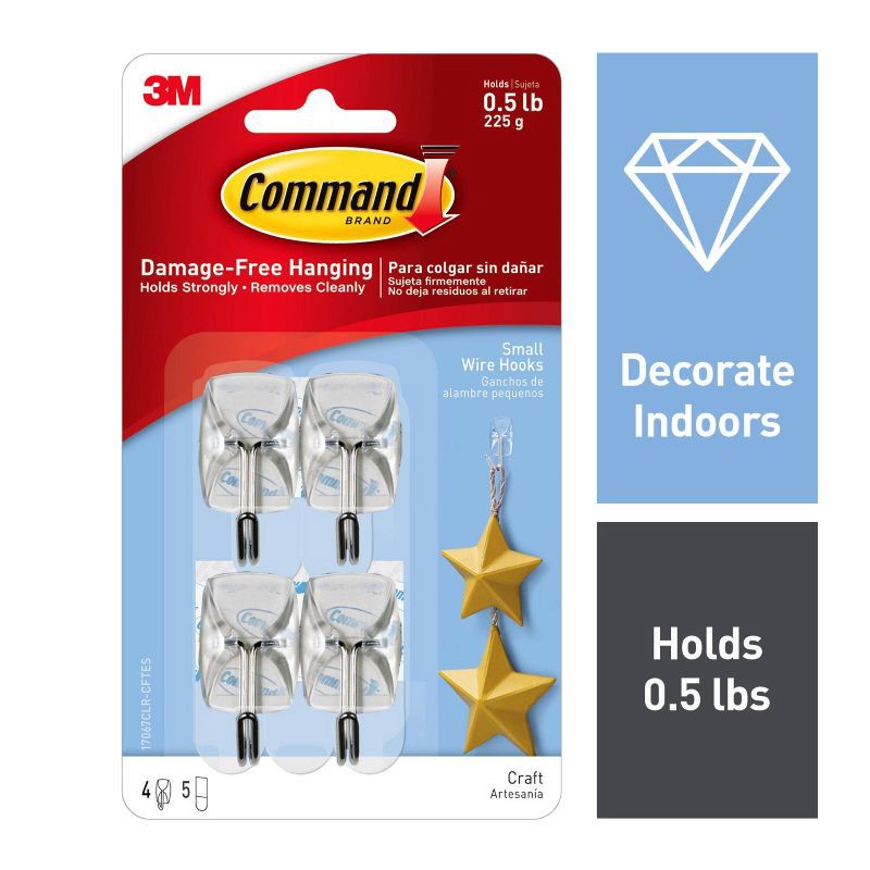 slide 2 of 10, Command Small Sized Wire Hooks (4 Hooks/5 Strips) - Clear: Adhesive Wall Hooks, Plastic, 0.5 lb Capacity, 1.18" Height, 0.5 lb