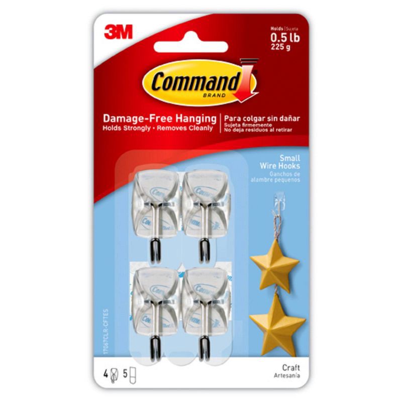 slide 1 of 10, Command Small Sized Wire Hooks (4 Hooks/5 Strips) - Clear: Adhesive Wall Hooks, Plastic, 0.5 lb Capacity, 1.18" Height, 0.5 lb