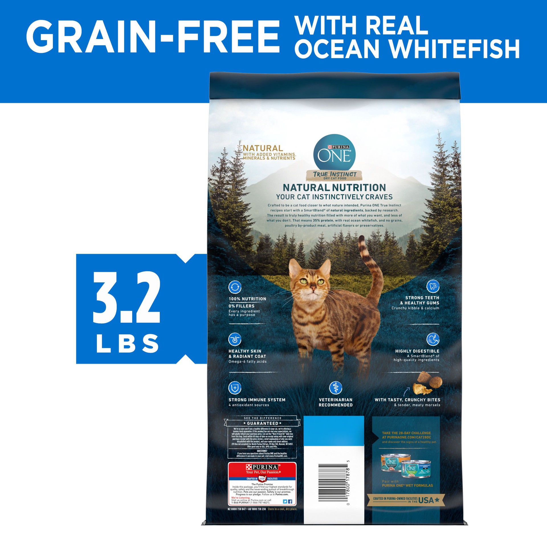 slide 5 of 8, ONE Purina ONE Natural, High Protein, Grain Free Dry Cat Food, True Instinct With Real Ocean Whitefish, 3.2 lb