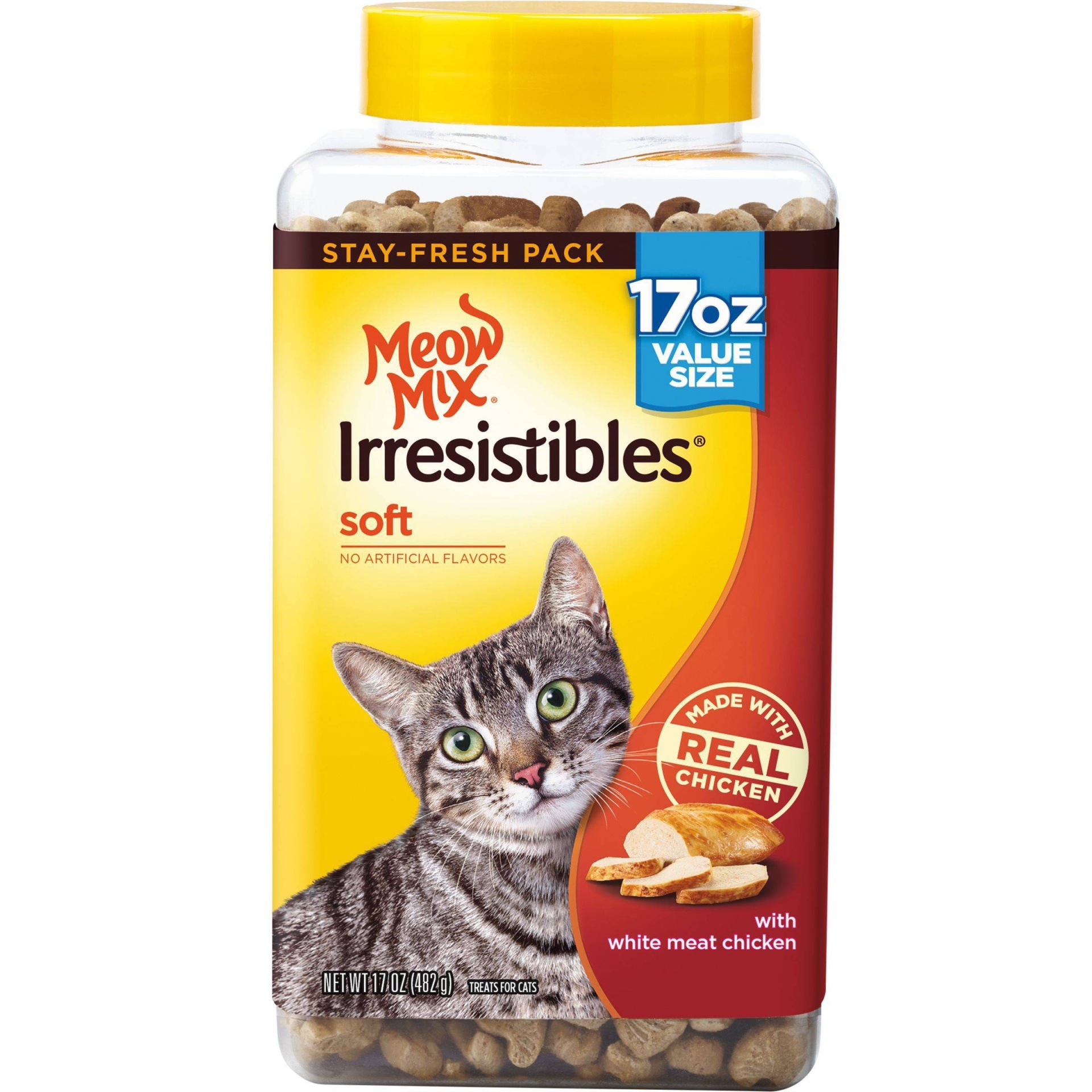 slide 1 of 4, Meow Mix Irresistibles with Chicken Soft Chewy Cat Treats, 17 oz