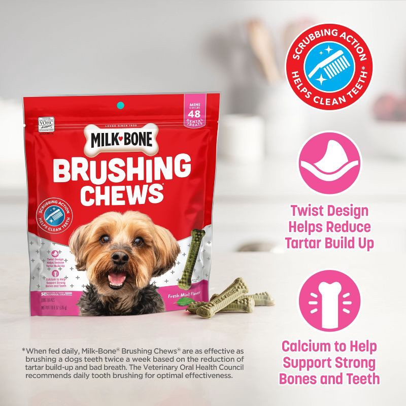 slide 7 of 7, Milk-Bone Brushing Chews in Peppermint Dental Chicken Flavored Dog Treats - 48ct/18.9oz, 48 ct, 18.9 oz